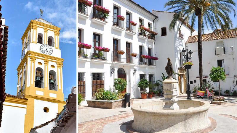 Gamla stan i Marbella med klocktornet och fontän på en solsemester i Spanien.